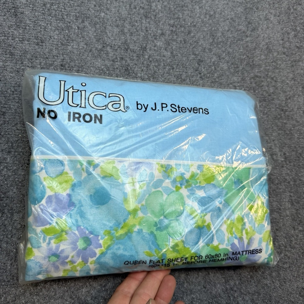 Vintage Stevens Utica Queen Flat Sheet Blue Antoinette Floral Cotton NEW